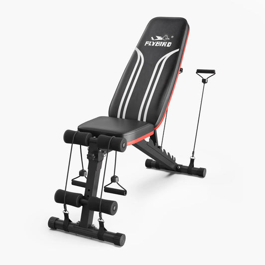 Black adjustable weight bench with red accents and 'Flybird' branding on a white background
