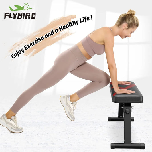 Woman exercising on a black and red weight bench with 'Flybird' branding and text promoting exercise.