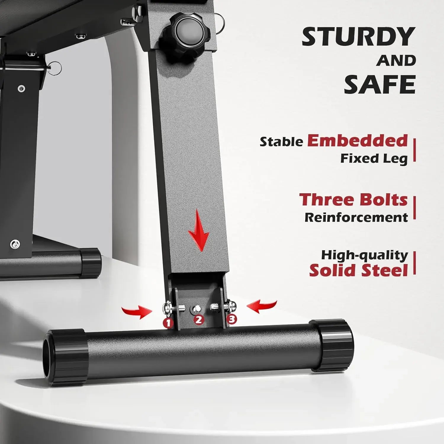 Pedal bike stand with text highlighting stability and safety features on a white background