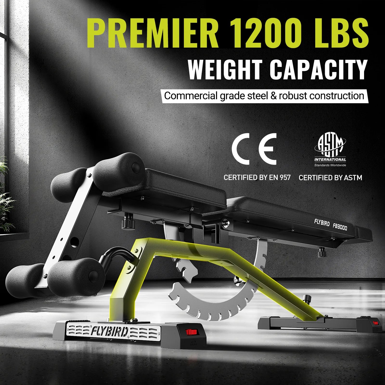 Weight bench with 'Premier 1200 LBS Weight Capacity' text and certification logos on a dark background.