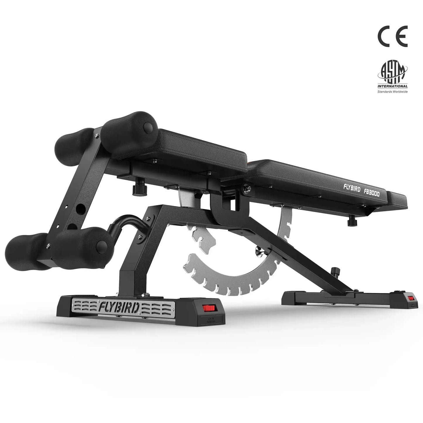 Black weight bench with 'Flybird' branding on a white background