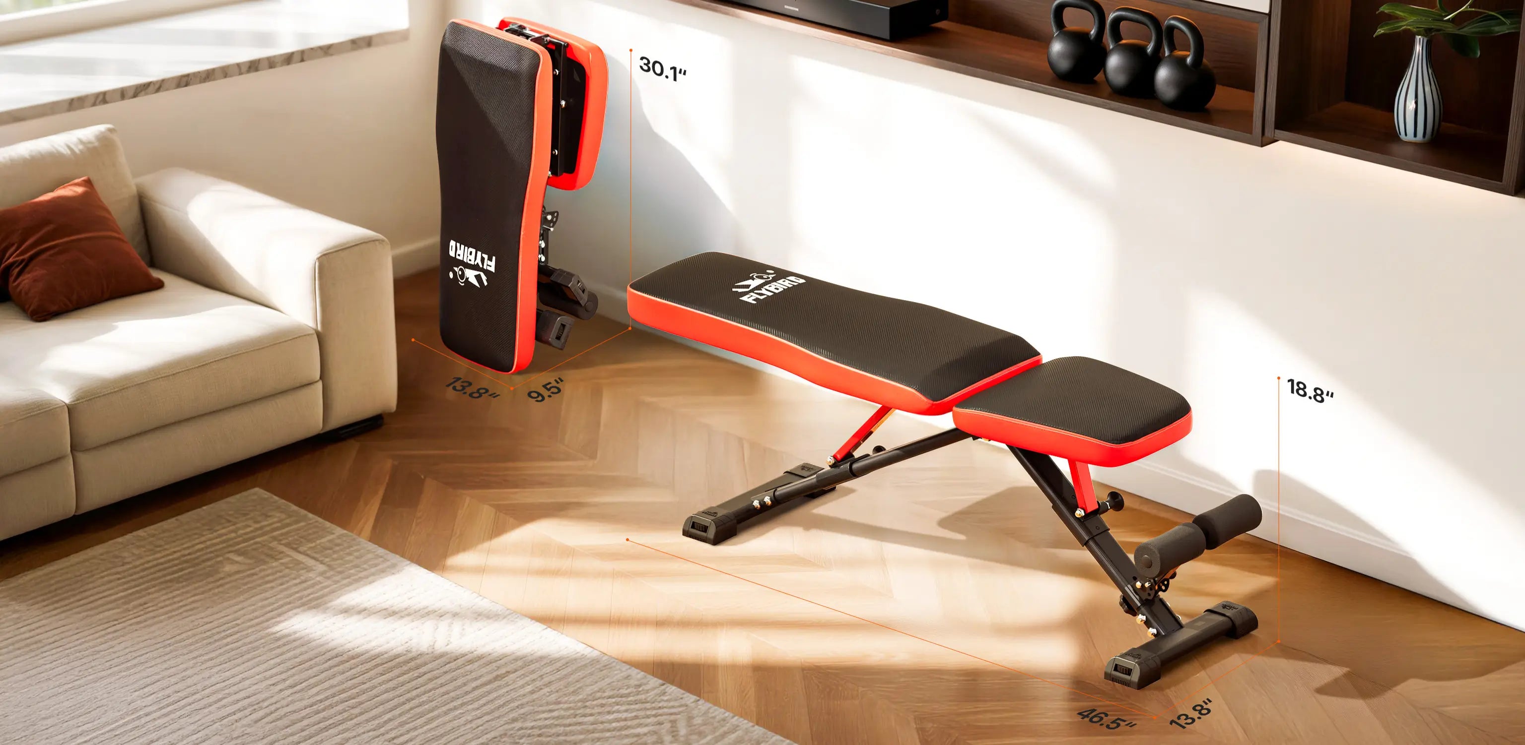 Foldable weight bench in a home setting with a couch and window in the background