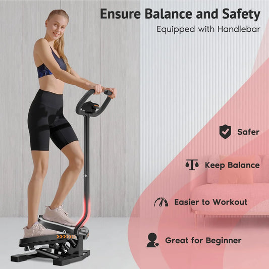Woman using a step machine with text on balance and safety features.