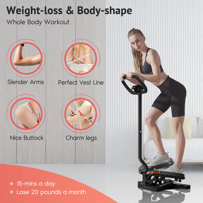 Woman exercising on a machine with weight-loss and body-shape benefits highlighted.