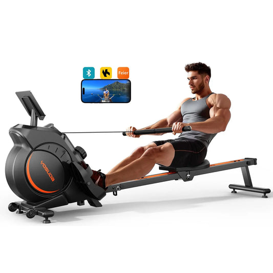 A model using a rowing machine on a white background.